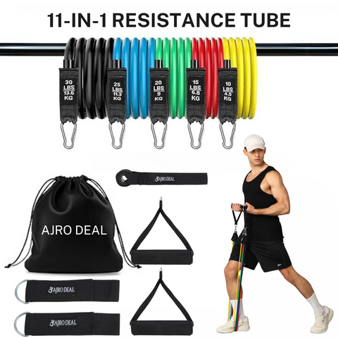 Premium 11-Piece Resistance Bands Set for Men & Women | Home Workout Kit:( 5 Toning Tubes, 1 Door Anchor, 2 Handles, 1 Carry Bag, 2 Ankle Straps.)