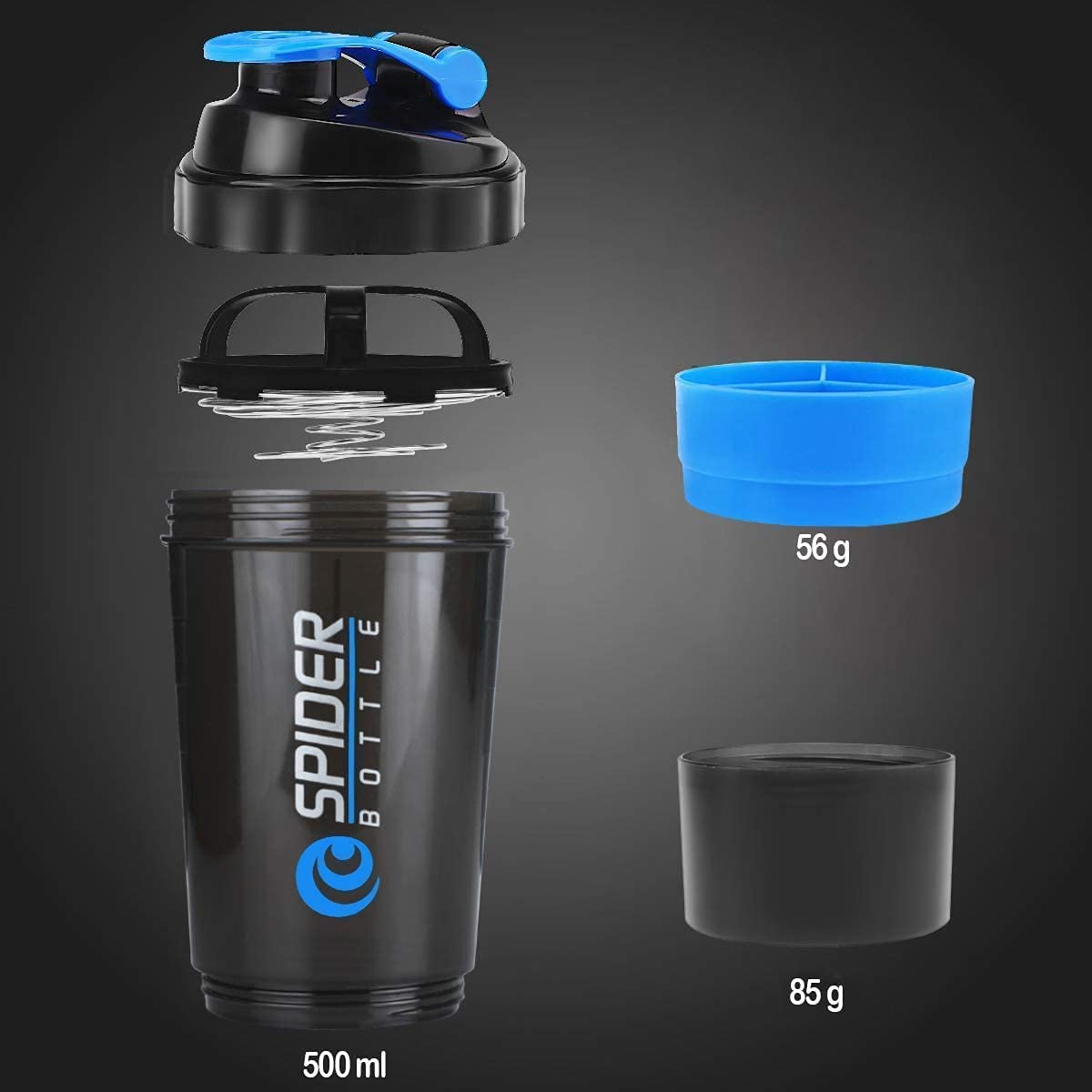 Spider Protein Shaker | Gym Shaker 500ml with 2 Storage Extra Compartment  Blue